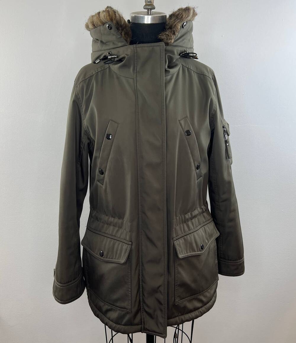 S13/NYC Olive Green Faux Fur Trim Long Sleeve Zip Front Hooded Coat Size S Small